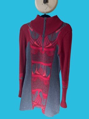 Title Nine Merino Wool Half-Zip Barra Tunic‎ Long Sweater Red/Gray Patterned